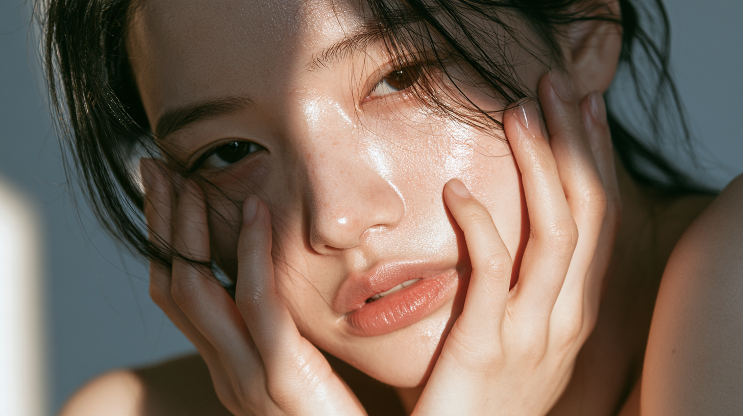 AI-generated illustration: close-up portrait of a woman with hands framing her face in light and shadow