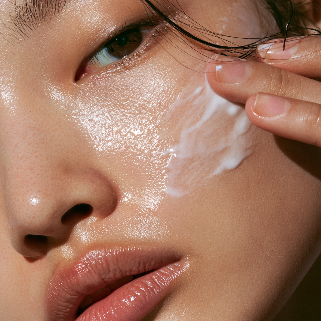 AI-generated illustration: close-up of a woman spreading cream across her cheek