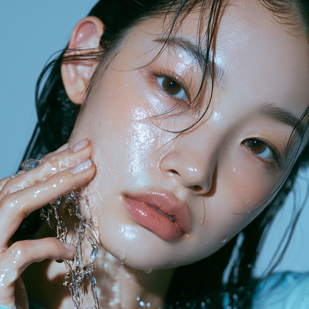 AI-generated illustration: close-up portrait of a woman with water running over her face and hand