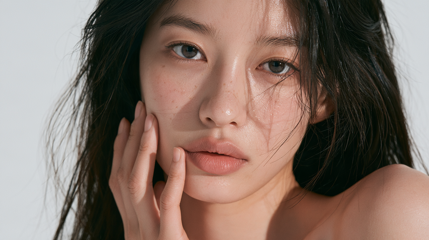 AI-generated illustration: close-up portrait of a woman with wet hair and dewy skin